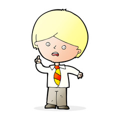 cartoon worried school boy raising hand