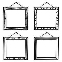 Vector set of hanging picture frames, hand drawn doodle style, isolated on white background.