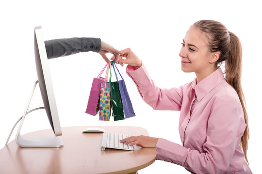Internet Shopping and Delivery young Woman gets Purchases