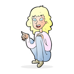 cartoon happy woman sitting and pointing