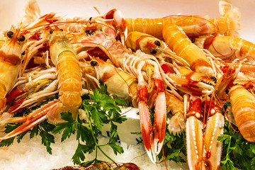 shrimps on ice, seafood on the market © Travel Faery
