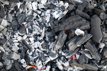 Charcoal fire - burning charcoal biscuits set on fire in a barbecue grill