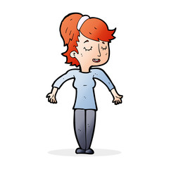 cartoon friendly woman shrugging shoulders