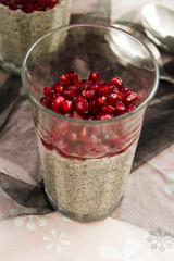 Chia pudding with coconut milk and pomegranate. Gray background.
