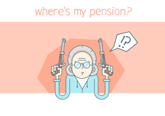 Grandmother cartoon character. Grandmother waiting for a pension. Grandmother looks for pension.  Grandmother outline art. Grandmother angry.  Grandmotherwith a gun