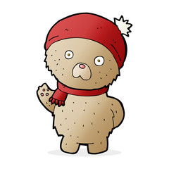 cartoon teddy bear in winter hat and scarf
