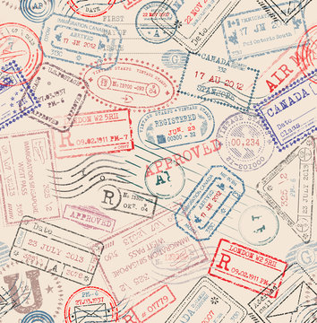 Seamless tiling postage themed pattern with vintage stamps
