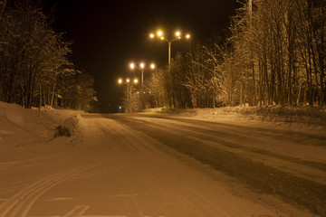 Winter road in the town of Apatity, Murmansk region