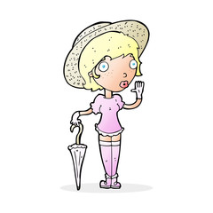 cartoon woman in summer hat waving