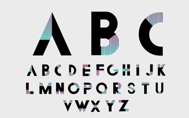 Black alphabetic fonts and numbers with color lines. Vector illustration.