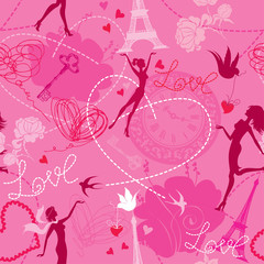 Seamless pattern in pink colors - Silhouettes of fashionable gir