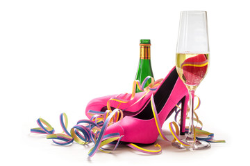 women's day, ladies pink high heels shoes, champagne and streame