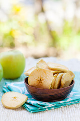 Dried dehydrated deep fried apple chips in a wooden bowl with fresh apple Copy space