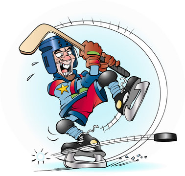 Vector cartoon illustration of a slap shot in hockey