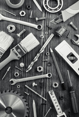 set of tools and instruments on wood