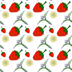 Seamless texture of strawberries and flowers