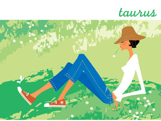 Woman wearing a hat lying on the grass. Taurus horoscope sign