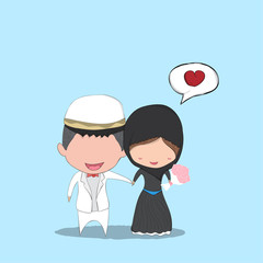Cute cartoon Wedding couple men and women islam marriage, cute V