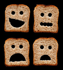 Happy, worried, shocked and frightened faces made of bread slice