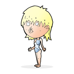 cartoon woman in swimsuit shrugging shoulders