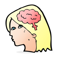 cartoon female head with brain symbol