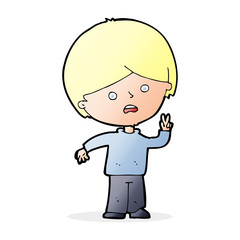 cartoon unhappy boy giving peace sign