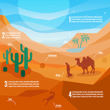 Desert infographics. Landscape of desert life - sand hills with cactuses,  nomad and animals. Low polygon style flat illustrations. For web and mobile phone, print.