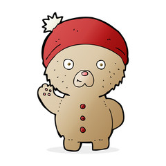 cartoon waving teddy bear in winter hat