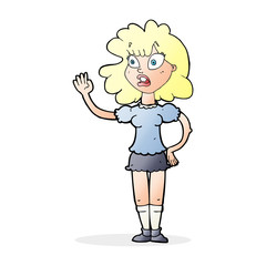 cartoon worried woman waving