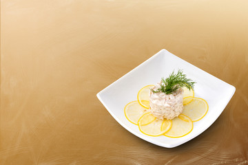 Seafood salad on a brown background