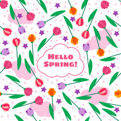 Hello spring. Spring floral seamless pattern with tulips. Seamless pattern can be used for wallpaper, pattern fills, web page background, surface textures. Vector illustration