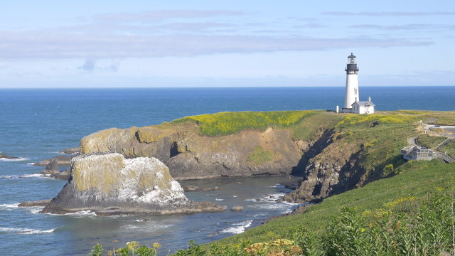 Locked down, closeup view of Yaquina Head Lighthouse in Newport, Oregon; Panasonic GH4.