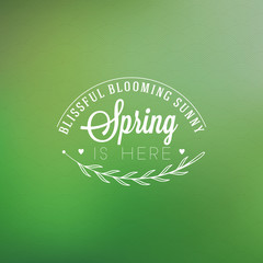 Spring Vintage Typographic Badge on Colorful Blurred Background. Spring Vector Illustration. Hello Spring. Greeting Card Design