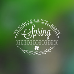 Spring Vintage Typographic Badge on Colorful Blurred Background. Spring Vector Illustration. Hello Spring. Greeting Card Design