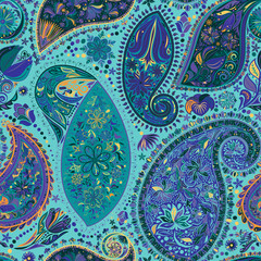 Paisley vintage floral motif ethnic seamless background. Printable colors abstract lace pattern. Editable colors without losing seamlessly. Hand drawing motley wallpaper. EPS-8 vector buta texture