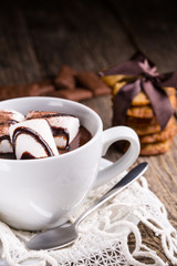 Cup of hot chocolate with marshmallow and oat cookies.