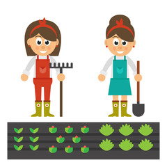 cartoon woman with shovel and rake and garden