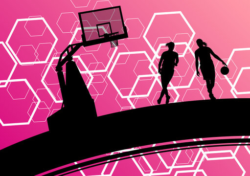 Basketball players young active healthy sport silhouettes vector