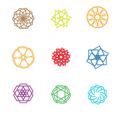 Logo element set. Colorful Abstract shapes forming circles, stars, hexagons and other shapes. Linear design. Vector sign template. 