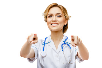 Woman doctor standing on white background