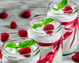 tasty yogurt with raspberries and mint in a glass jars, selectiv