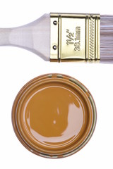 Top view brown paint can with brush isolated on white background