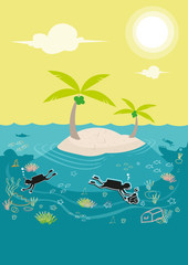 Fototapeta na wymiar Diving lessons or Underwater exploration in a coral rich island or tropical beach. Editable Clip Art. 