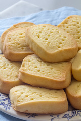 Homemade Shortbread on Plate with Blue Napkin Close Up