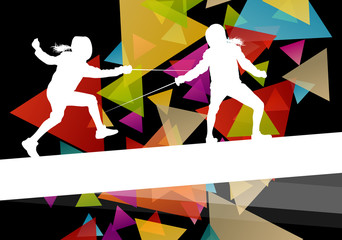 Fencing sport young and active men and women silhouettes in abst