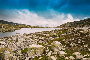 Scenic view of mountains lake. Nature of the Norwegian mountains