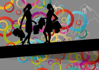 Obraz na płótnie Canvas Women silhouettes with shopping bags in active abstract backgrou