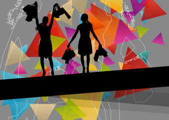 Women silhouettes with shopping bags in active abstract backgrou