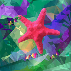 Starfish bright pink with, three colored fish on a background of different shades of seaweed green and purple in polygonal style.