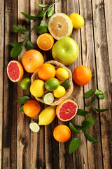 Citrus fruits on a brown wooden table